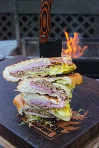 The Grilled Cuban Sandwiches are sliced in half and ready to eat!