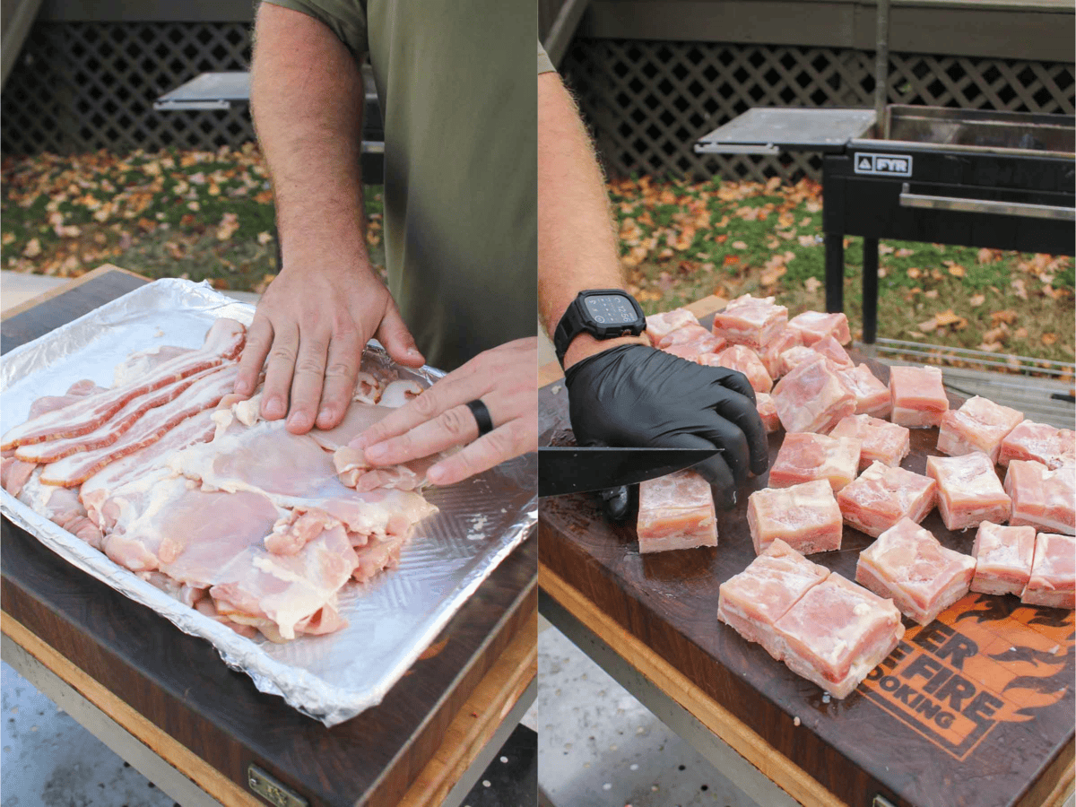 The chicken is prepared after going into the freezer so that it's easier to cut and doesn't fall off the skewers.