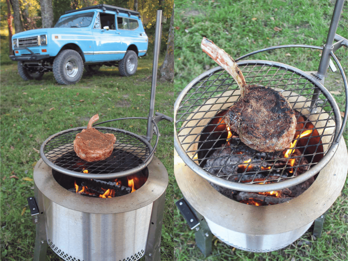 The bone-in steak cooks over the open flame to get a nice sear and crust that tastes insanely delicious.