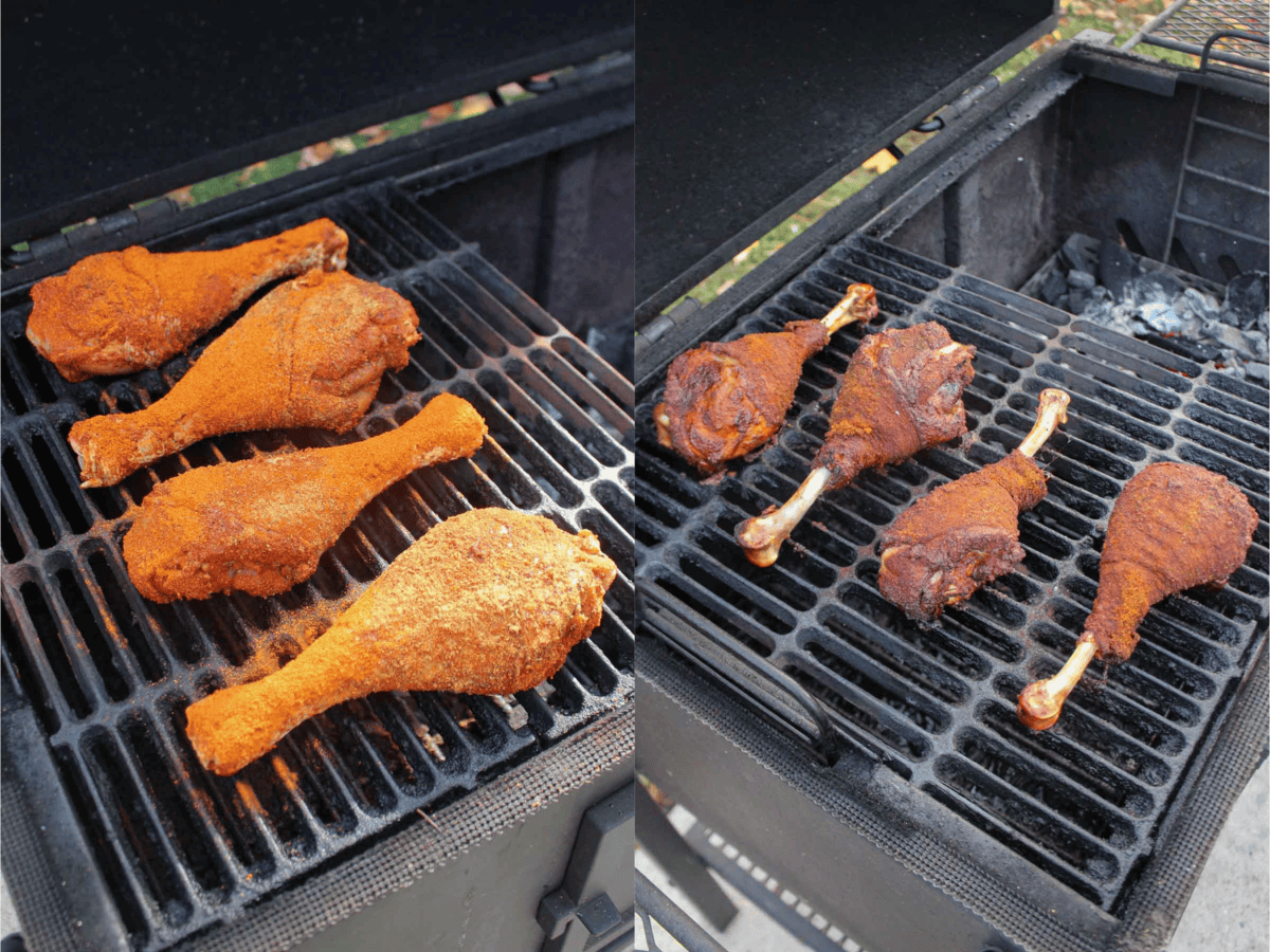 Raw turkey legs on the grill next to a progress photo of cooked turkey legs on the smoker