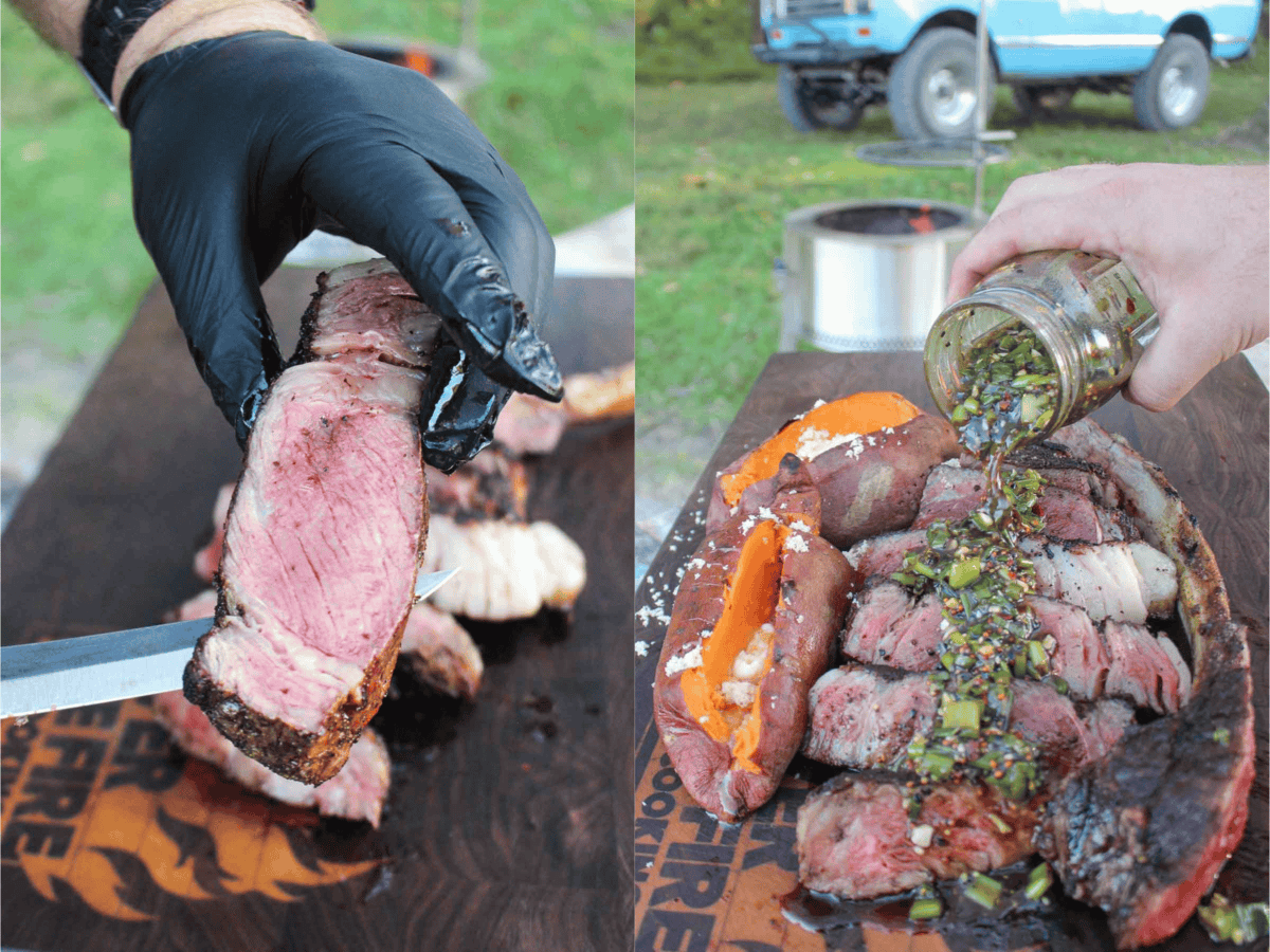 The scallion sauce is layered over the tender and juicy slices of juicy steak on the cutting board.