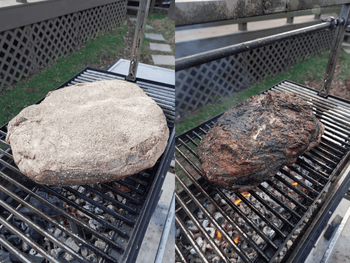 The massive cut of beef slow cooks on the FYR Grill for about three hours before it's flipped and cooks for another hour.