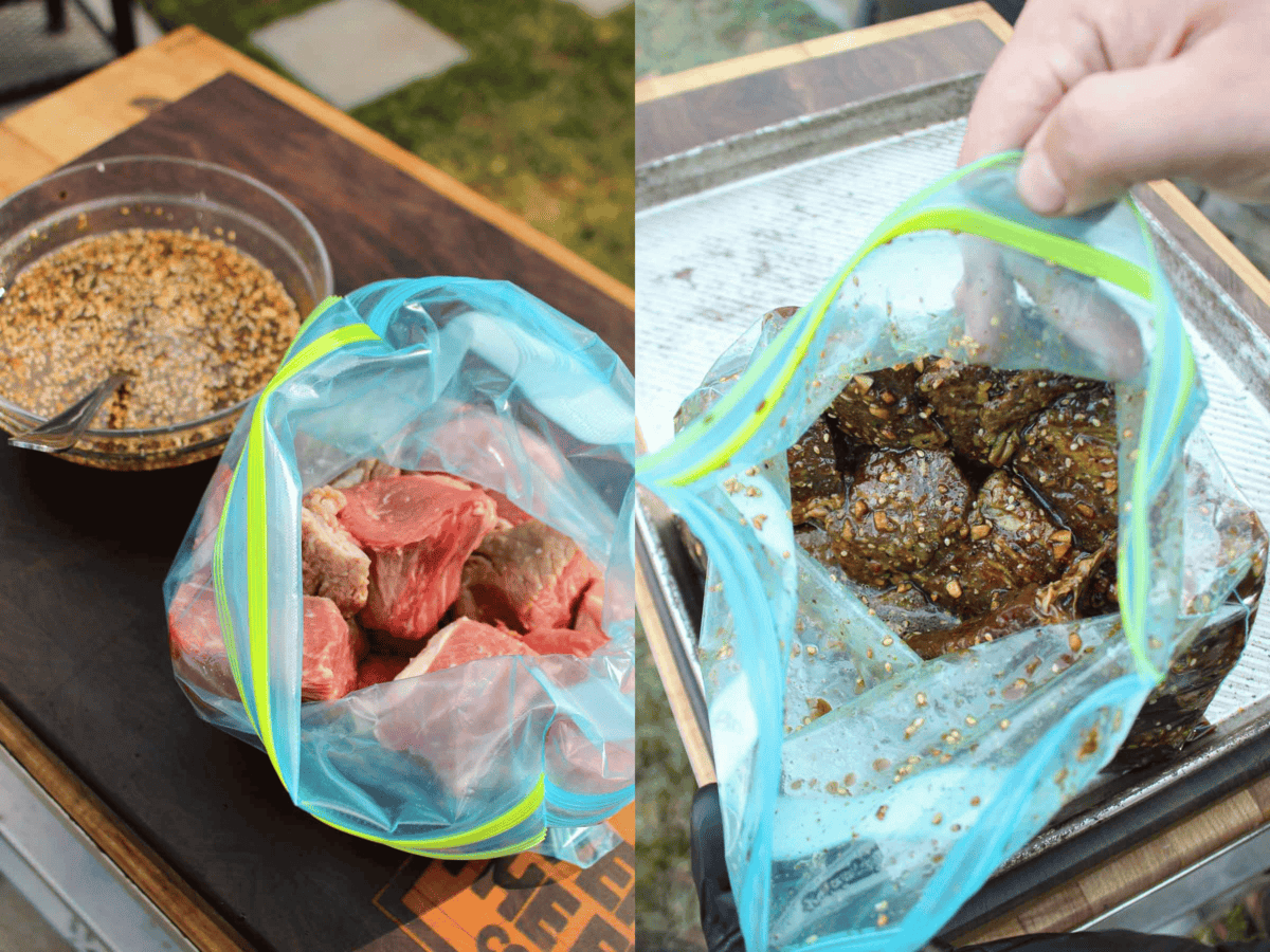 Raw and marinated beef tips, ready to be skewered and cooked. 