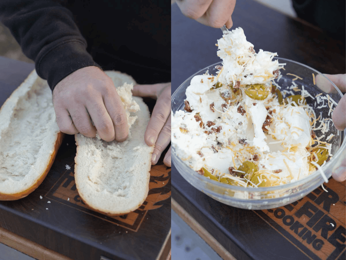 The cream cheese mixture comes together. It's so freakin' delicious and will fill the hollowed out Italian bread.