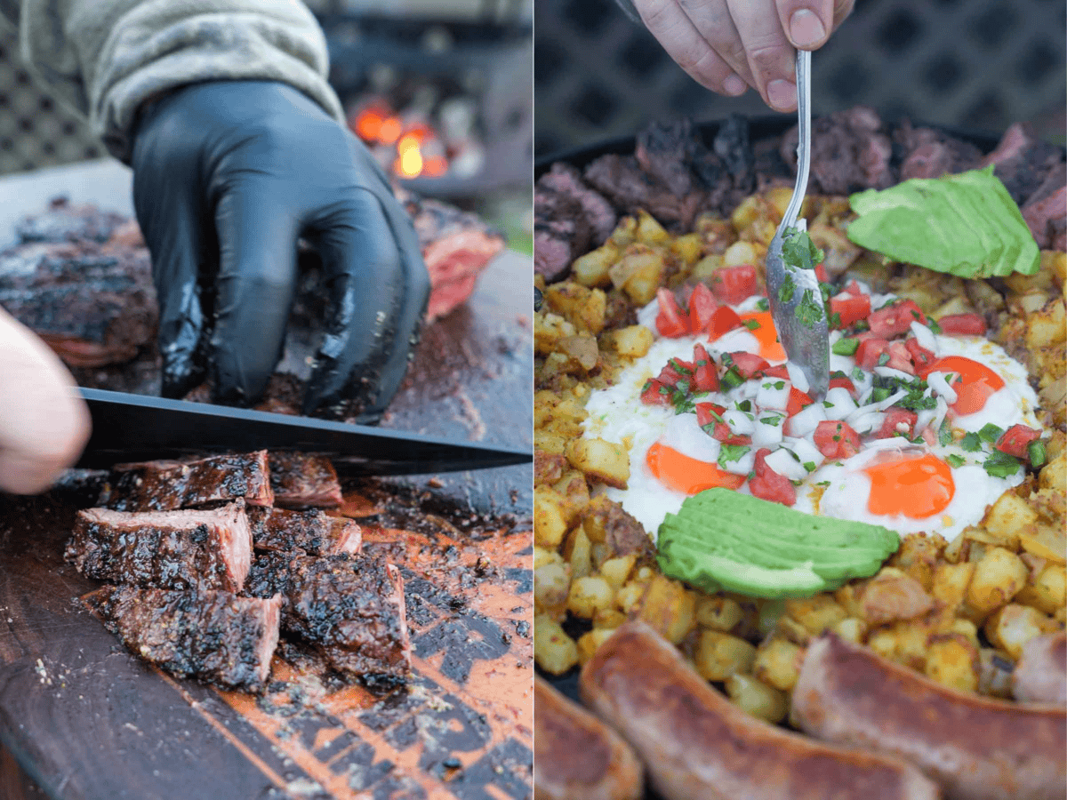 Slicing skirt steak and adding toppings to huevos rancheros with potatoes