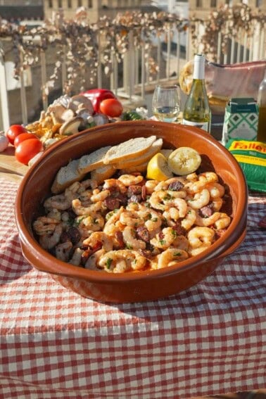 The chorizo garlic shrimp is served in a bowl big enough for sharing with all your friends and family at your table.