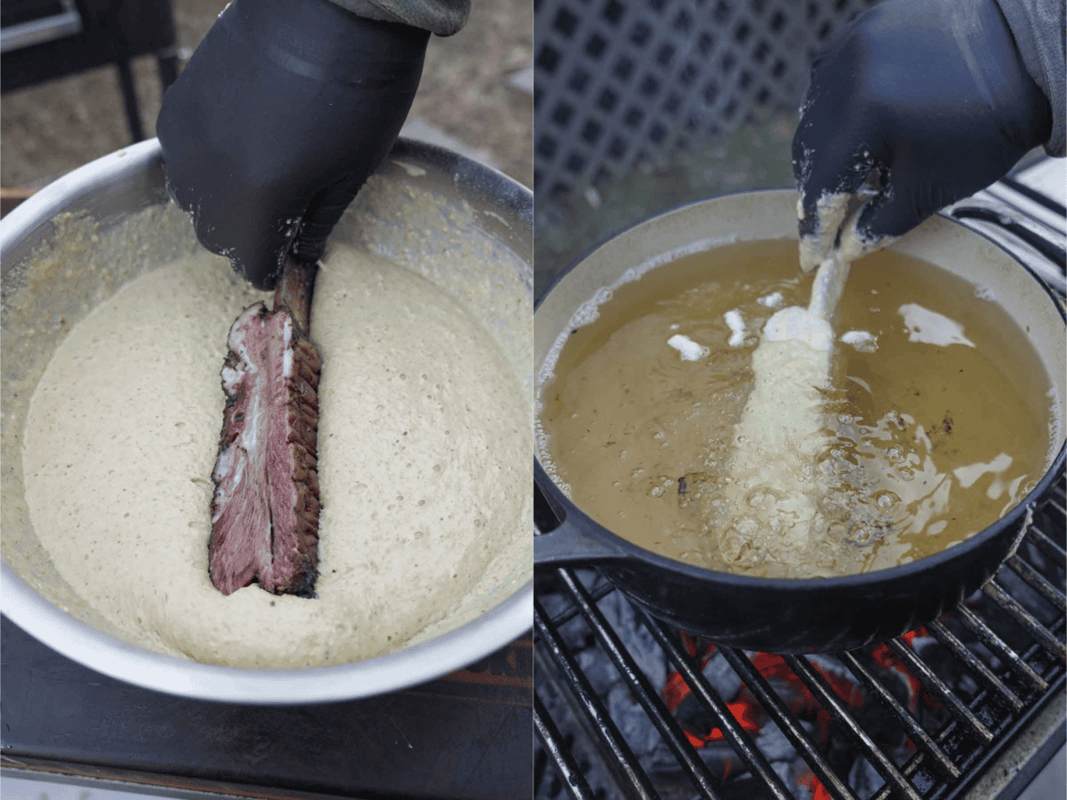 The beef ribs are smoked and ready for dipping and frying in the hot oil.