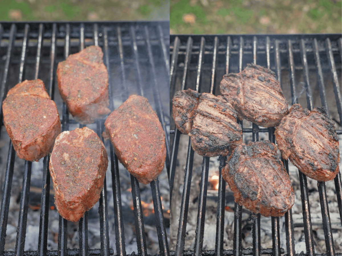 The raw and cooked filets on the grill over the coals. 