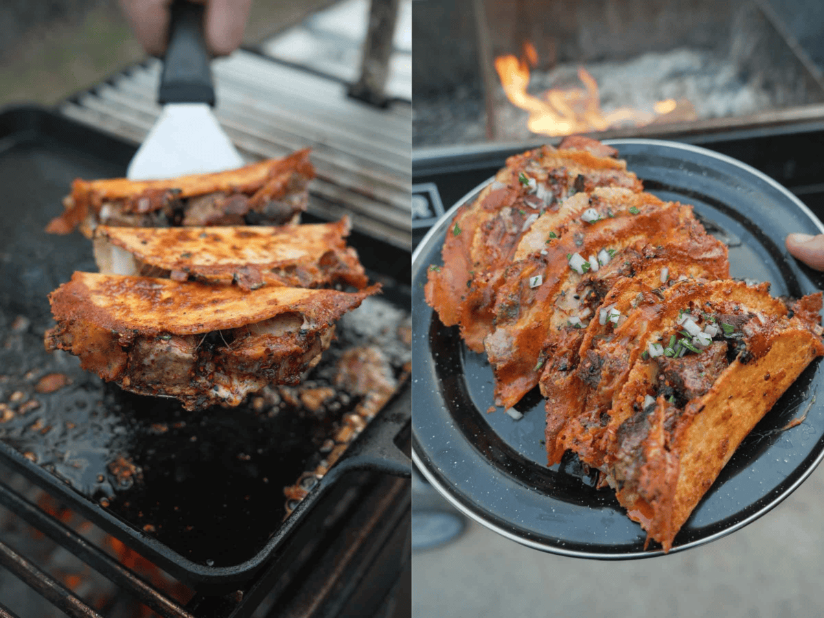 The Chili Oil Tacos are a true showstopper, presented on a plate in all their fiery red glory.