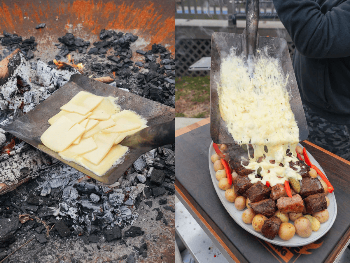 Melting the raclette cheese and adding it to the grilled raclette plater with steak, sausage and vegetables