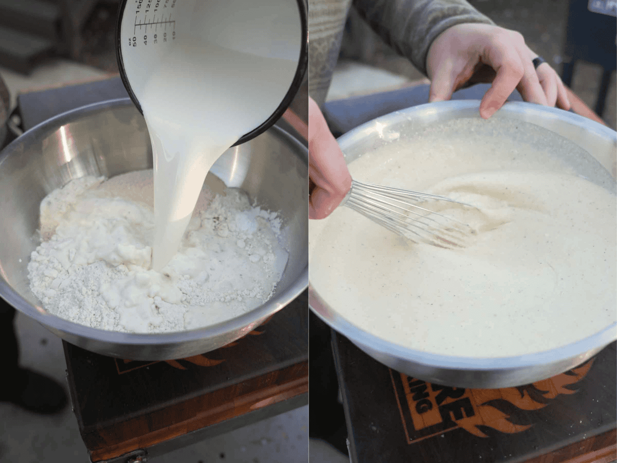 The key to the batter is making sure it's thick enough and not too runny so it sticks to the meat.