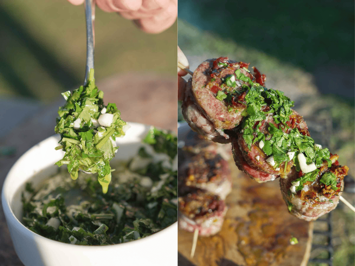 Drizzling mojo verde sauce over the cooked meat on a wooden cutting board