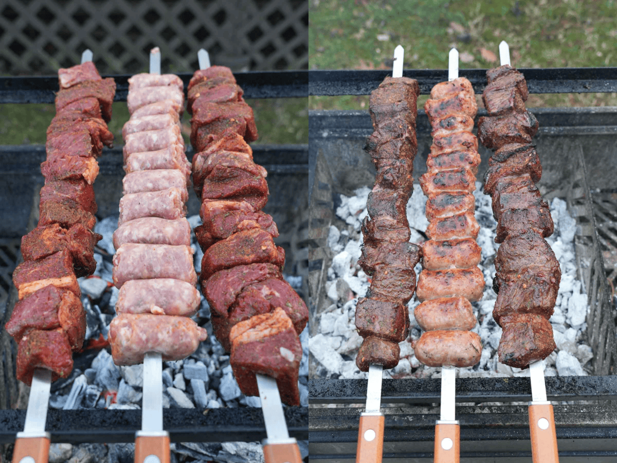 Raw and cooked sausage and steak skewers (metal) on the FYR Grill