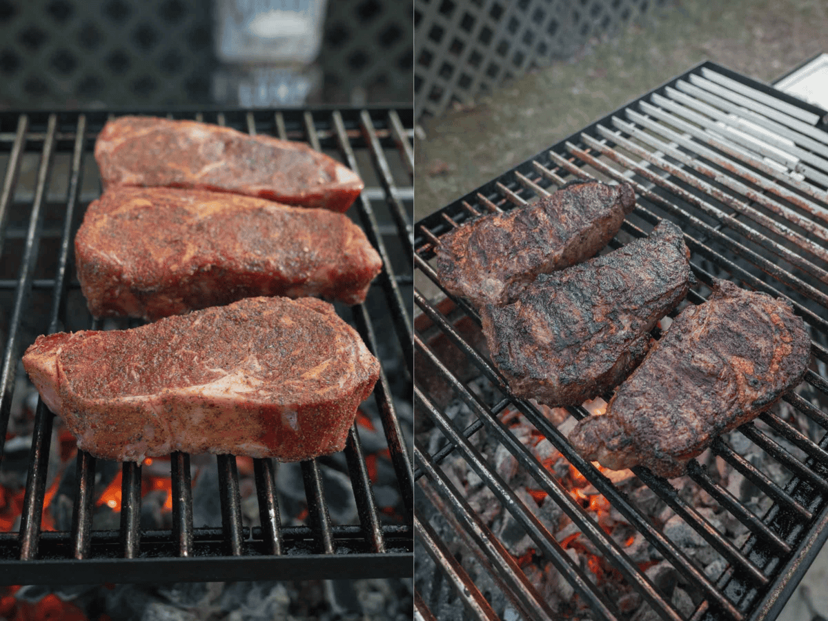 The thick steaks are grilled using Cowboy Charcoal for the best flavor.