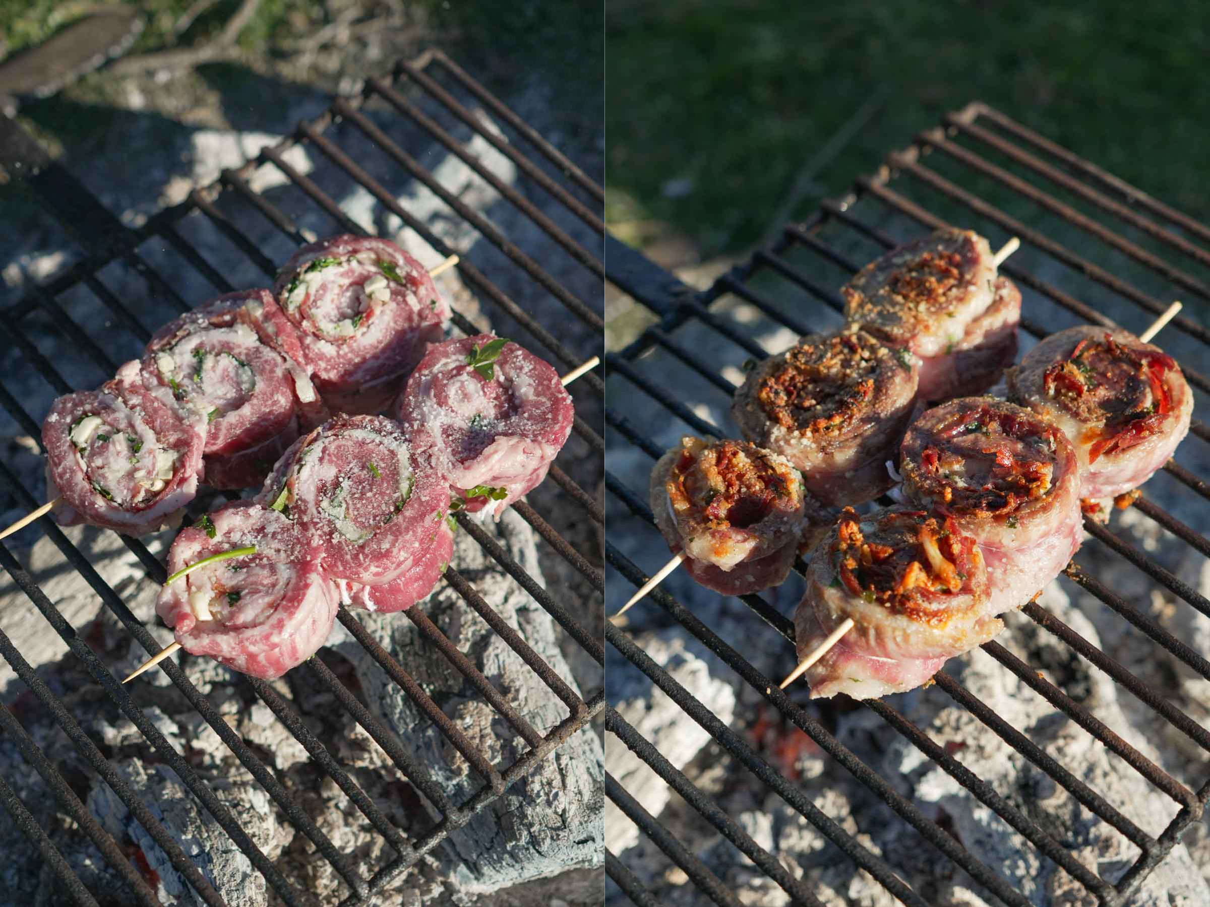 Side by side photos of raw pork pinwheels on grill grates and cooked pork pinwheels