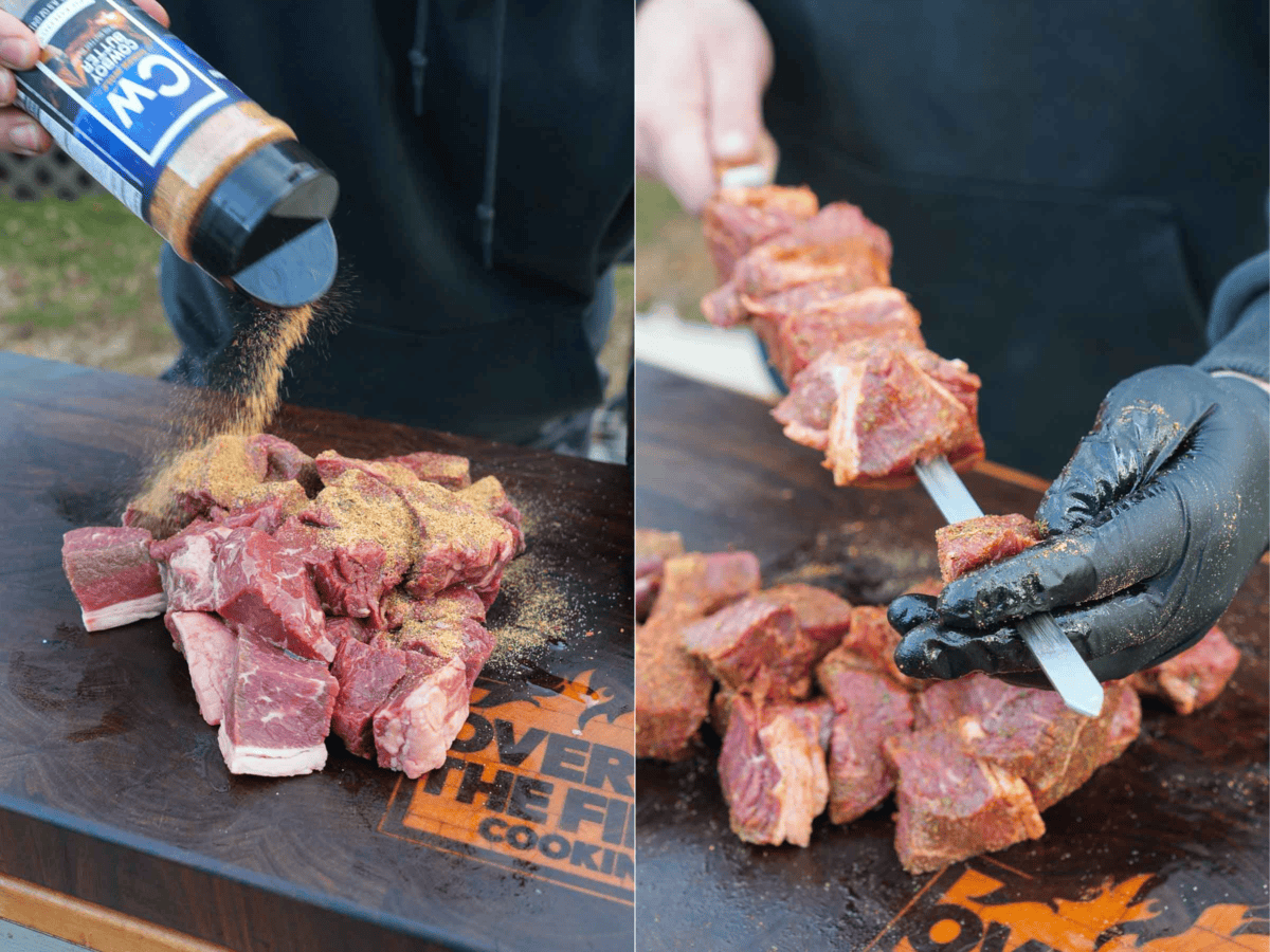 Seasoning and skewering cubes of sirloin steak.