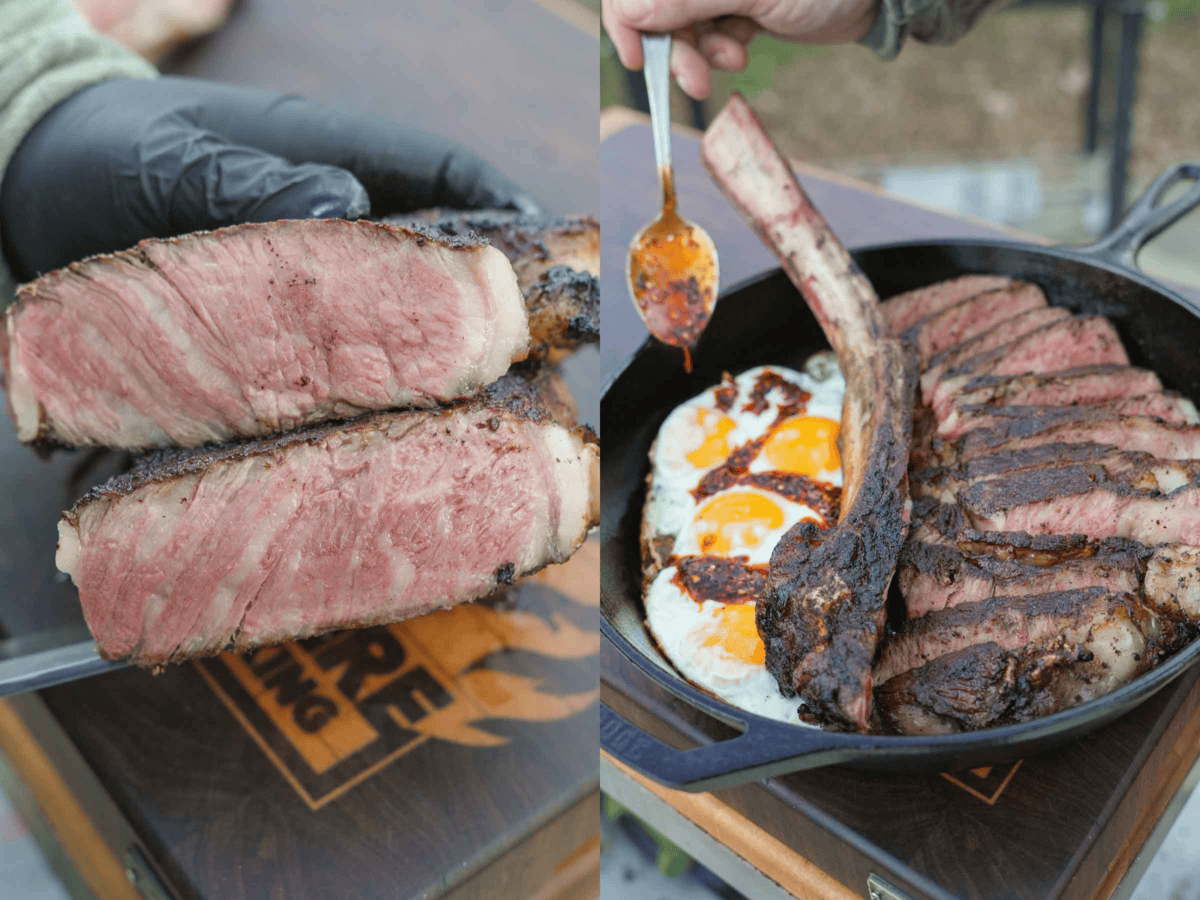 The Triple Seared Steak is plated up and served with fried eggs and chili oil for the perfect balance of umami flavors and textures.