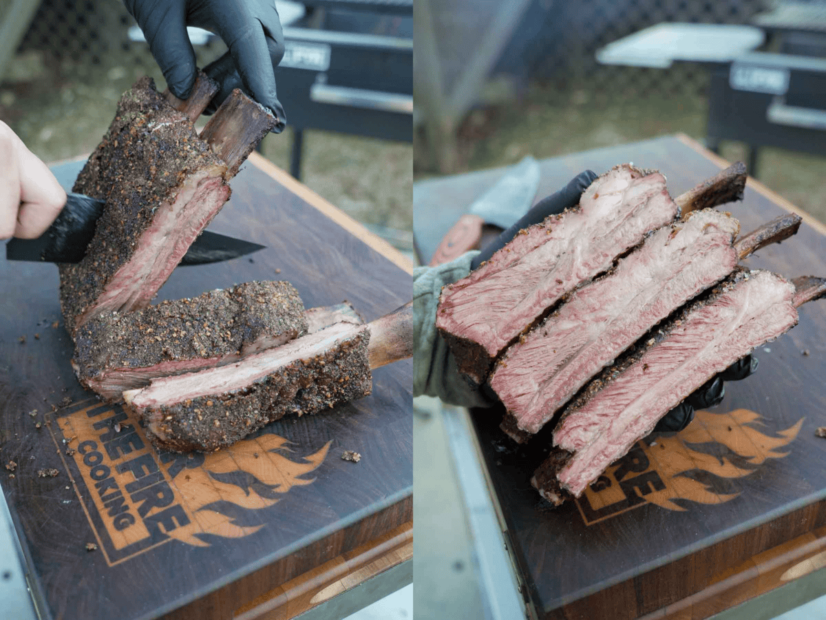 The tender beef ribs are sliced before they are dipped in the batter.