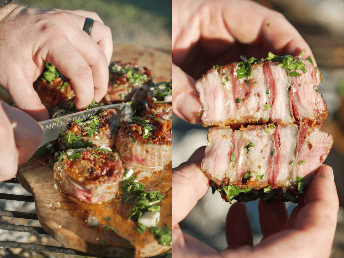 Slicing open a pork pinwheel to reveal jamon, Manchego, parsley and garlic