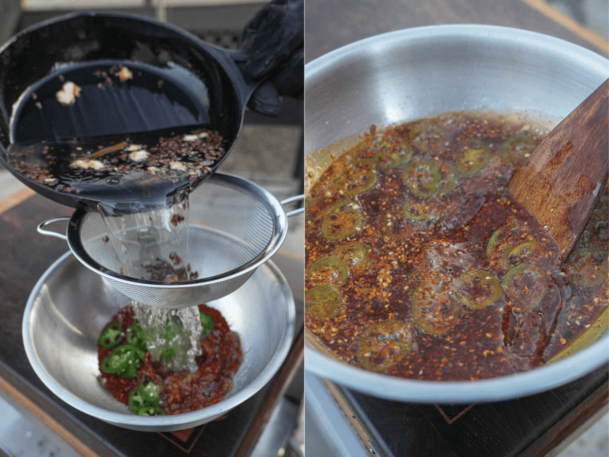 The hot and spicy oil is fully prepared and ready for the steak tacos.