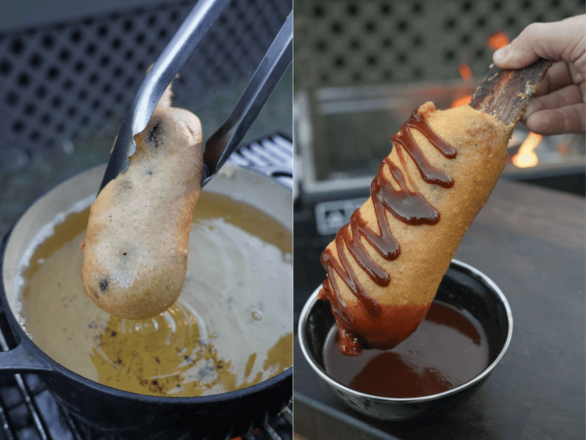 The finished corn dog - is a masterpiece of textures and flavors.