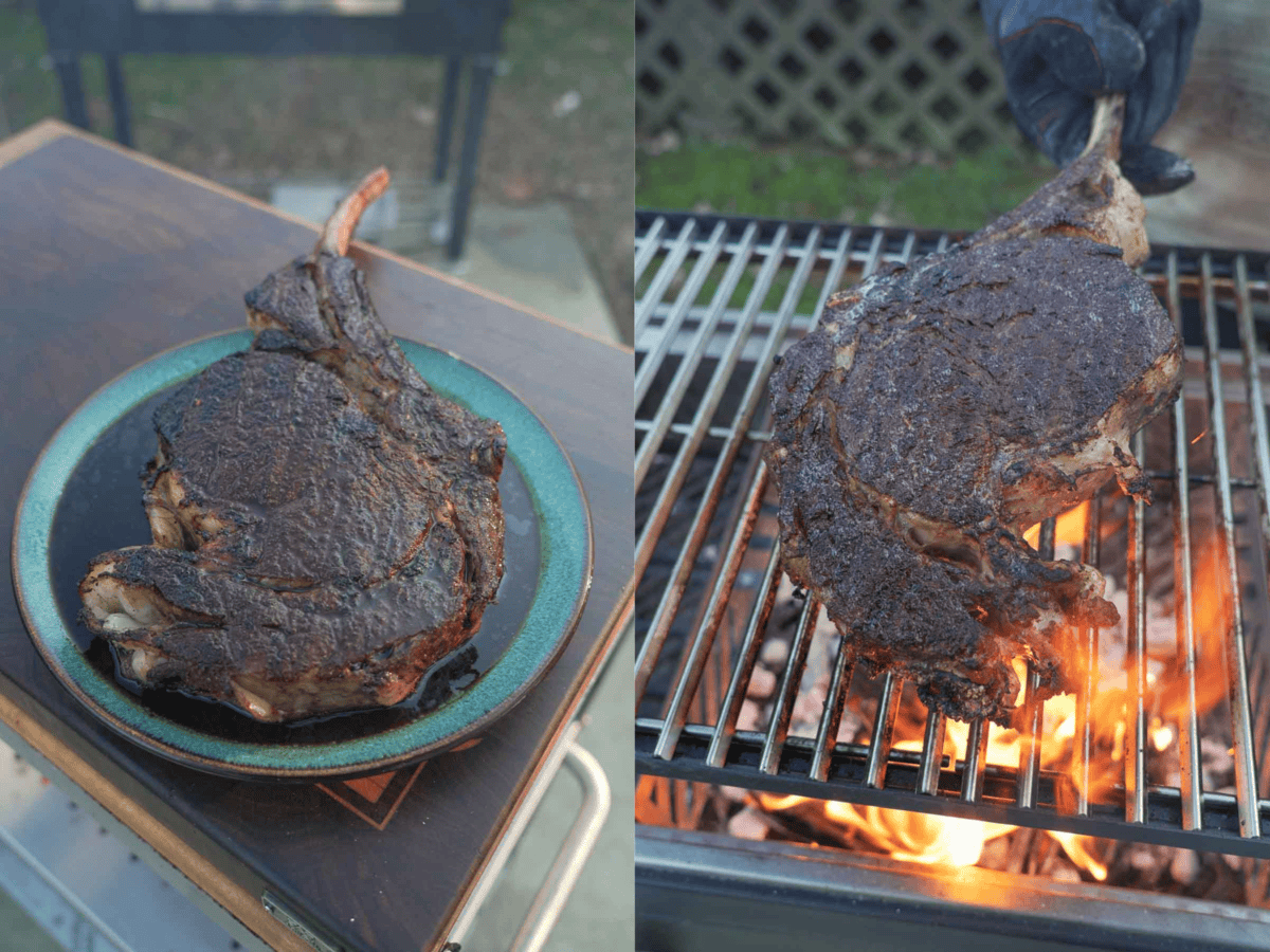 The steak is seared over the roaring flame and gets a beautiful crust as a result.