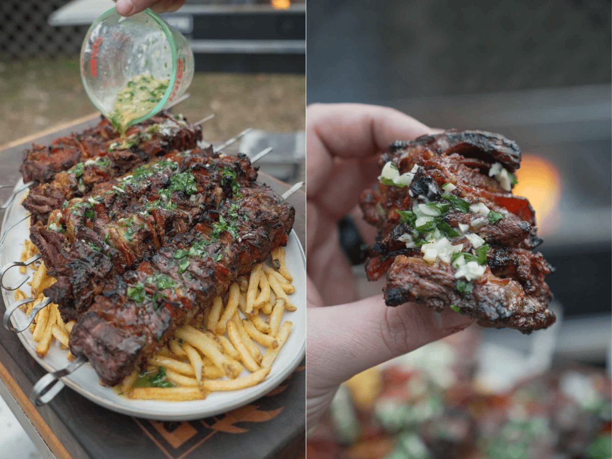 Drizzling butter over plate of pizza steak skewers on top of French fries and holding up the steak skewer to the camera