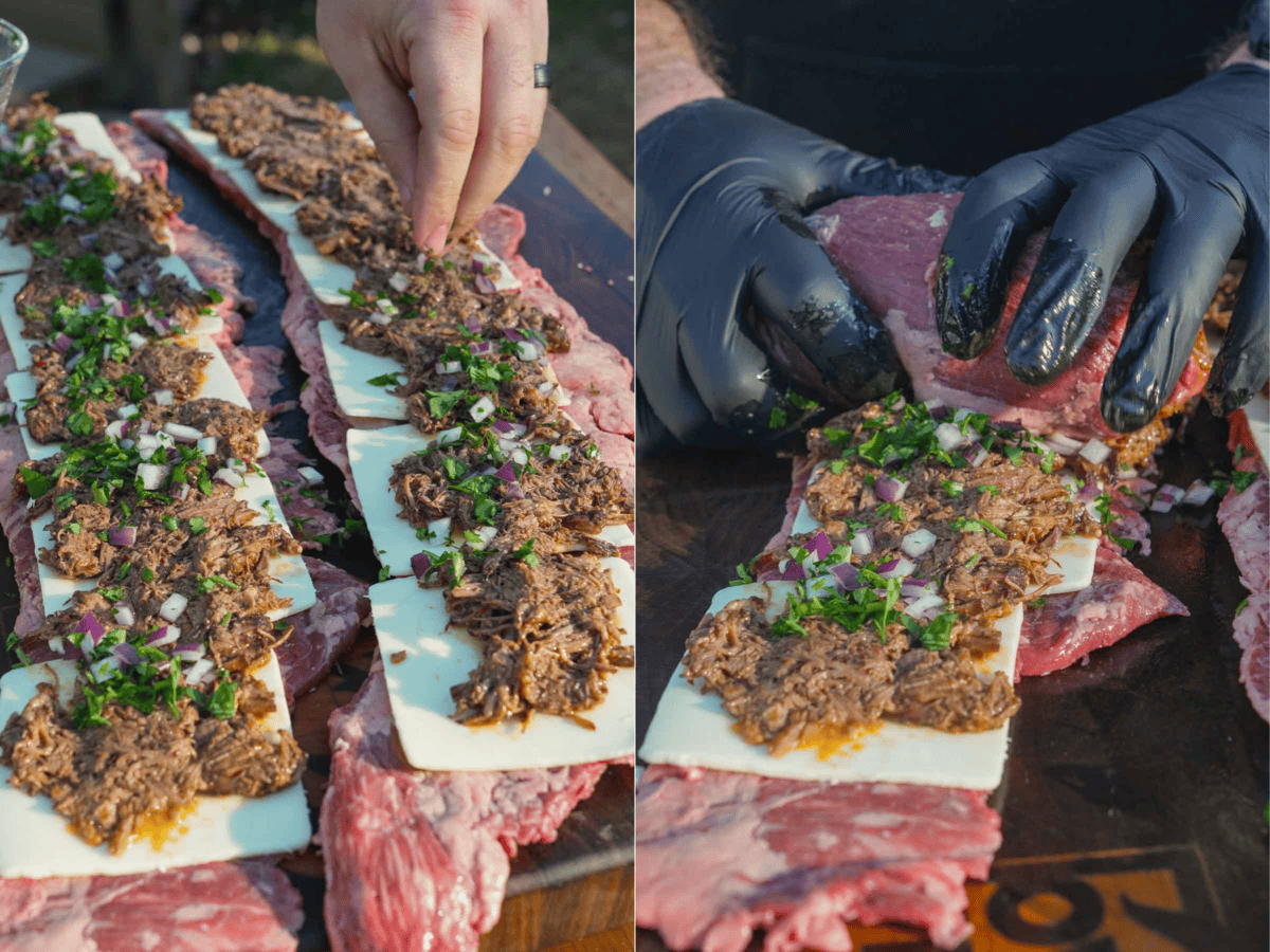 Assembling and then rolling the birria pinwheels.