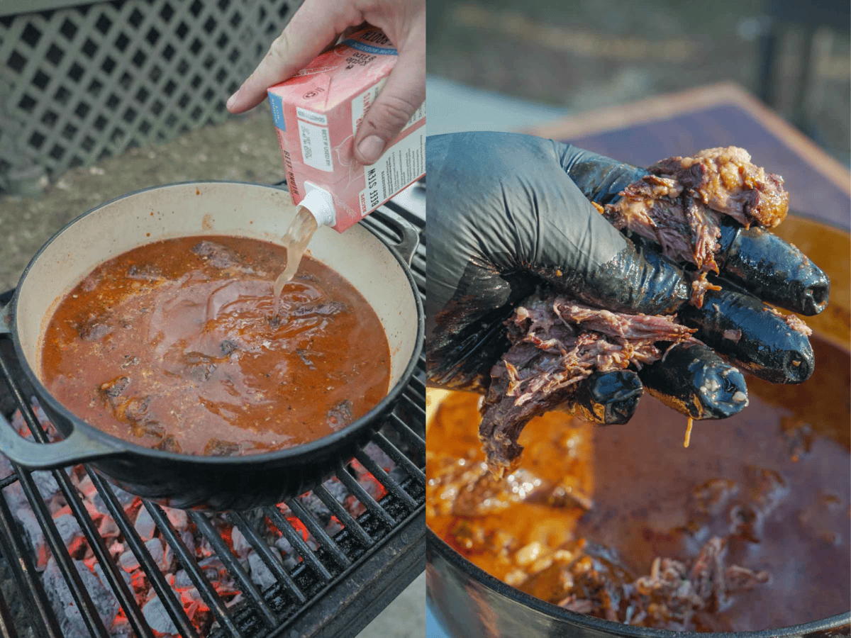 Braising the cubes of chuck roast is a long process but worth the effort. The beef becomes so tender it melts in your mouth.