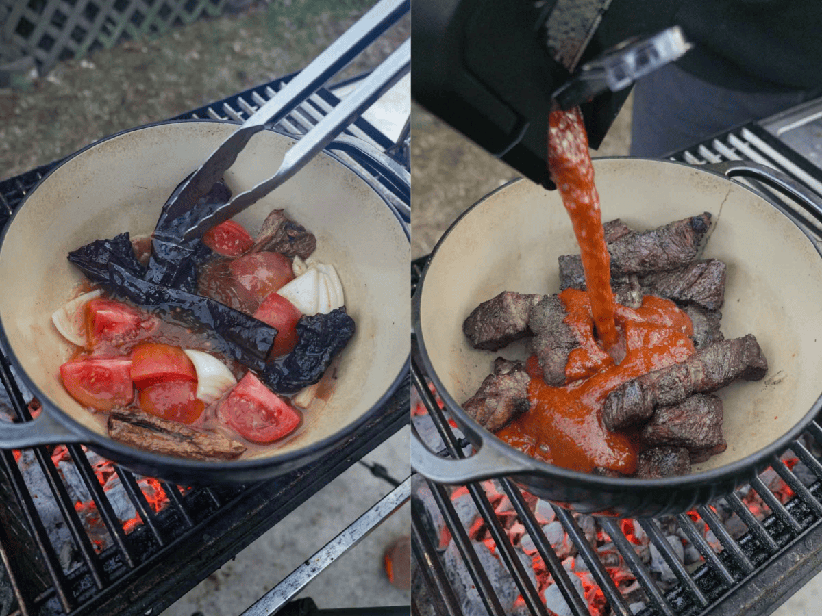 The chuck roast is seasoned and cooked in a Dutch oven.