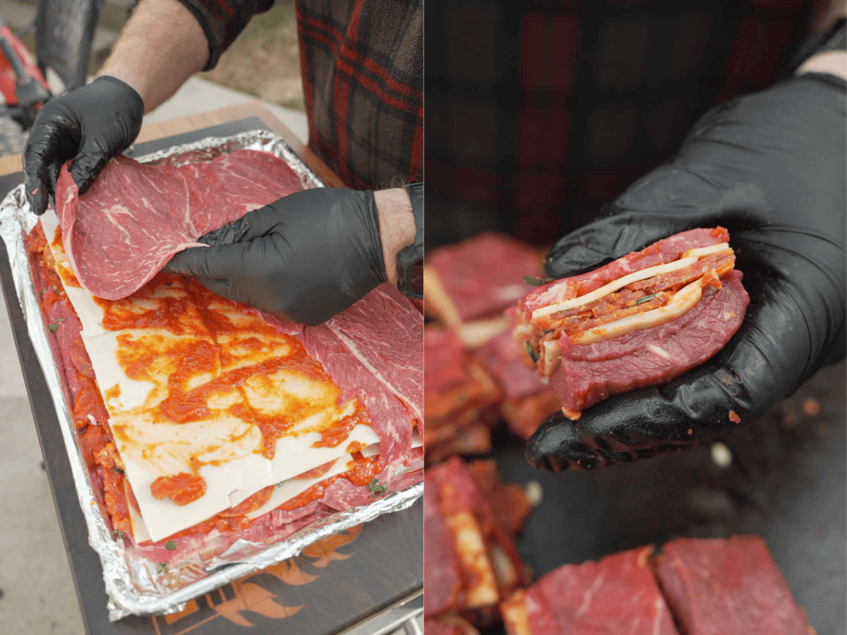 Layering on the final pieces of sirloin steak