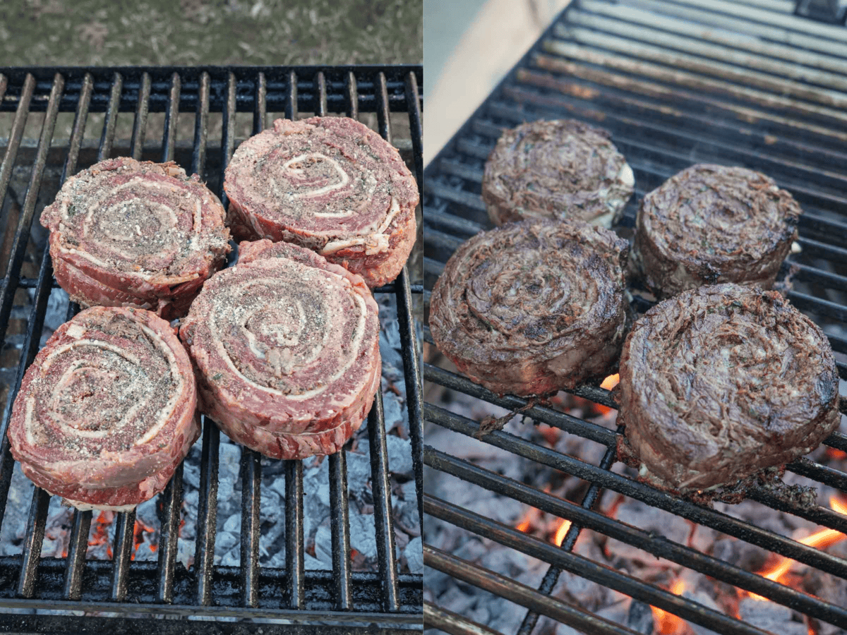 The Birria Steak Pinwheels are seared on the grill.