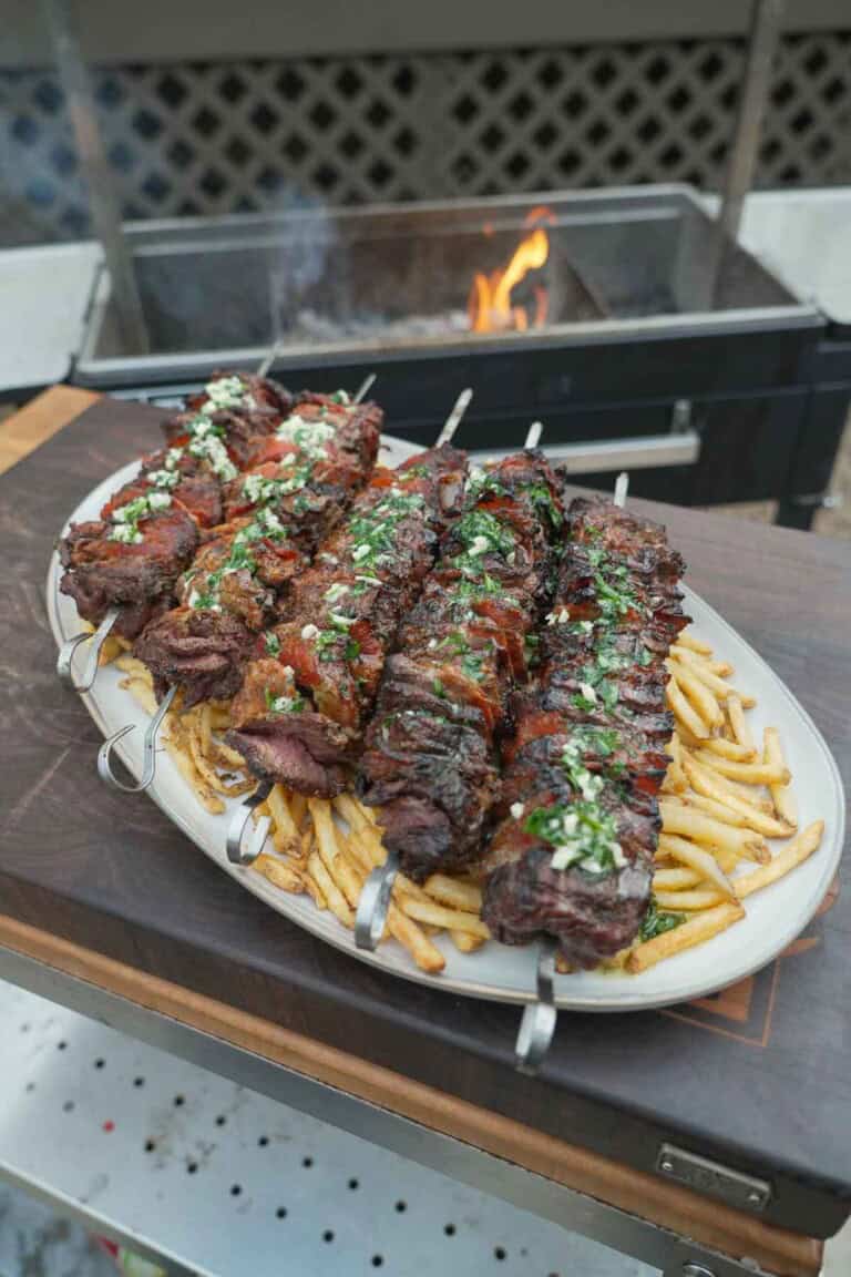 A plate of pizza steak skewers on top of fries and in front of a grill