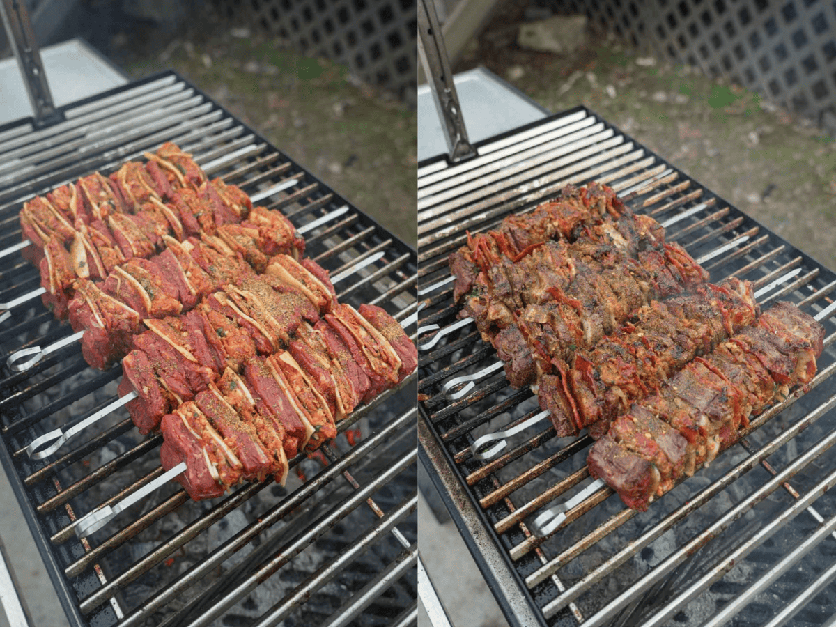 Raw and cooked pizza steak skewers on the grill