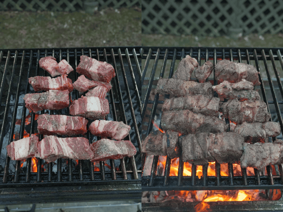 Before braising, the beef cubes are seared on the grill, for maximum char and flavor.