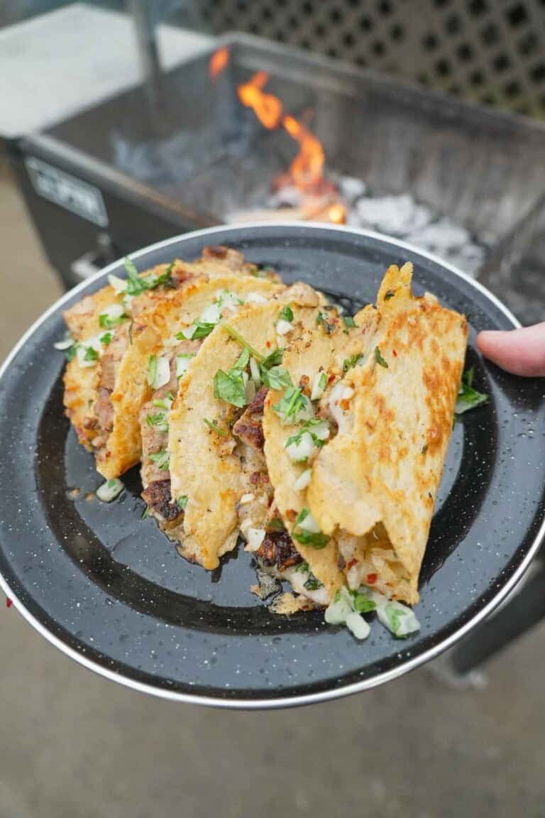 A hand holding a plate with three Spanish garlic tacos, with pork skirt steak, Manchego cheese and garlic herb sauce