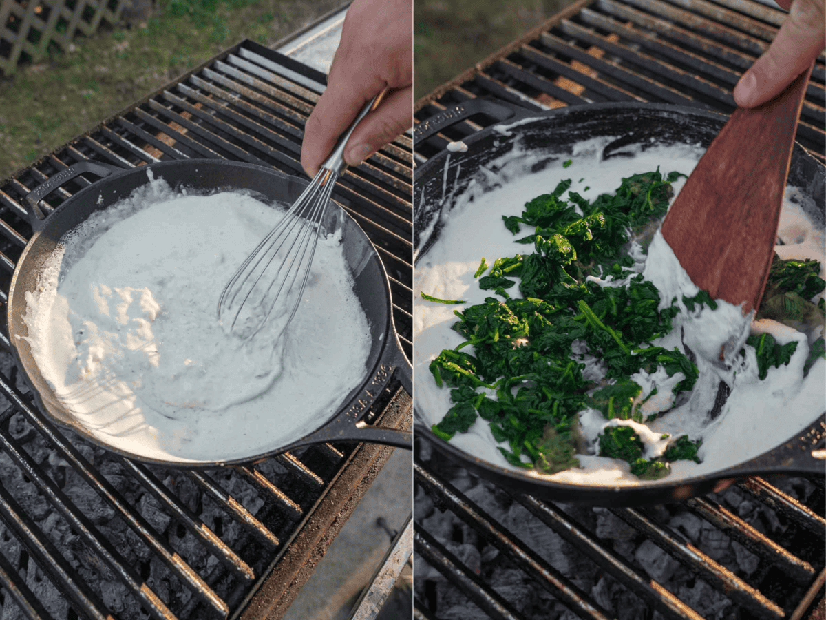 Stirring the spinach into the cream sauce in the cast iron skillet