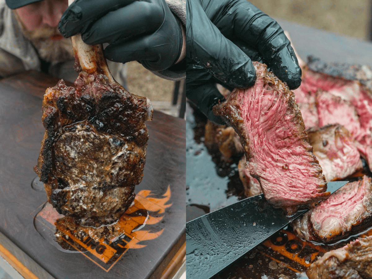 The medium rare Ranch Steak is cooked and sliced with a sharp knife.