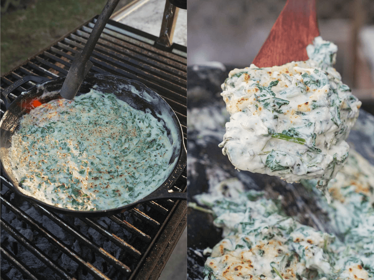 Cooking creamed spinach in a cast iron skillet and lifting it out of the pan with a spoon