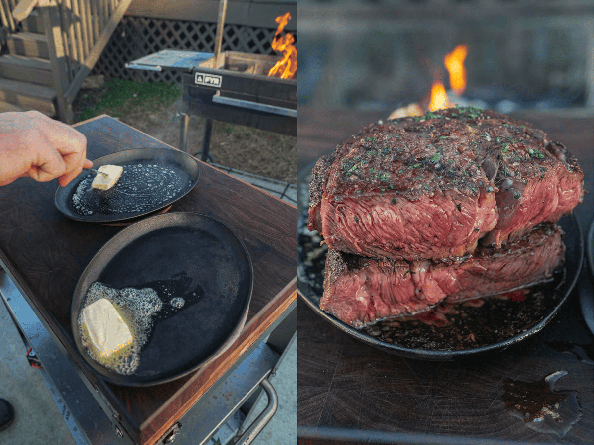Melting butter for Ruth's Chris steak and steaks cut open and piled on a cast iron skillet