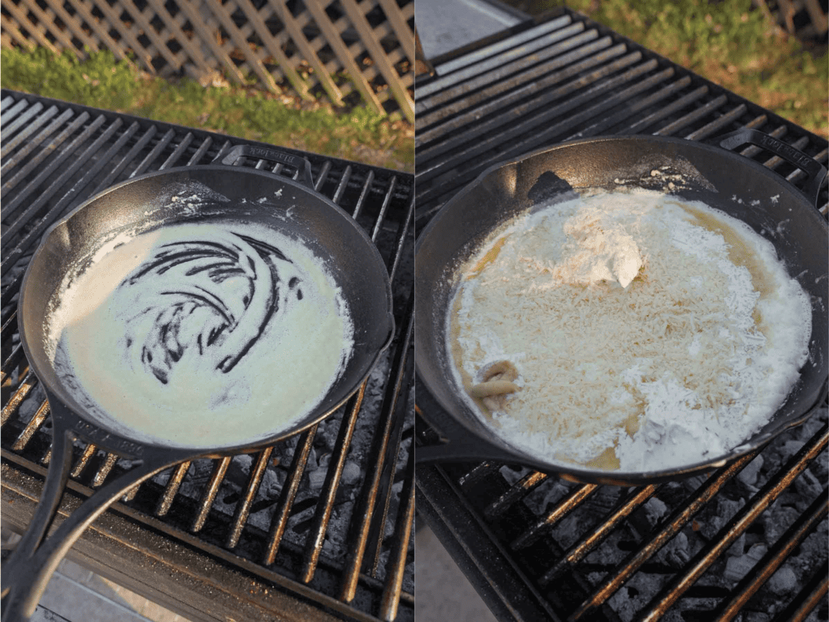Mixing a roux, cream cheese, heavy cream and whole milk in a cast iron skillet on the grill
