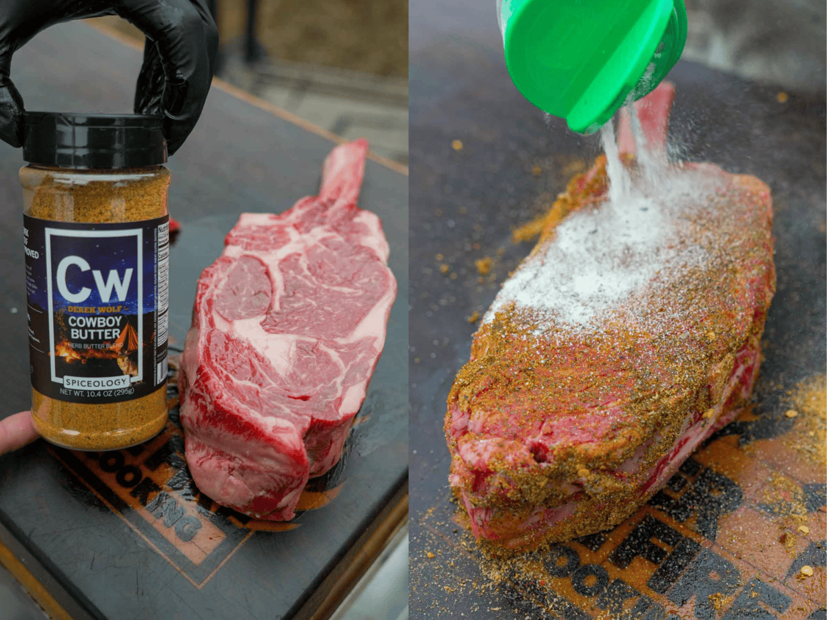 The bone-in steak is seasoned with Cowboy Butter seasoning and Ranch Seasoning. 