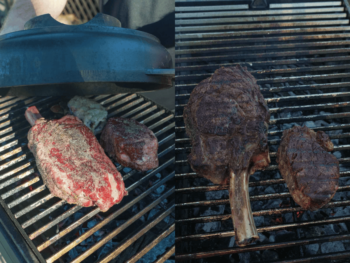 Bone-in ribeye steaks on the grill for Ruth's Chris steak, one raw and one cooked