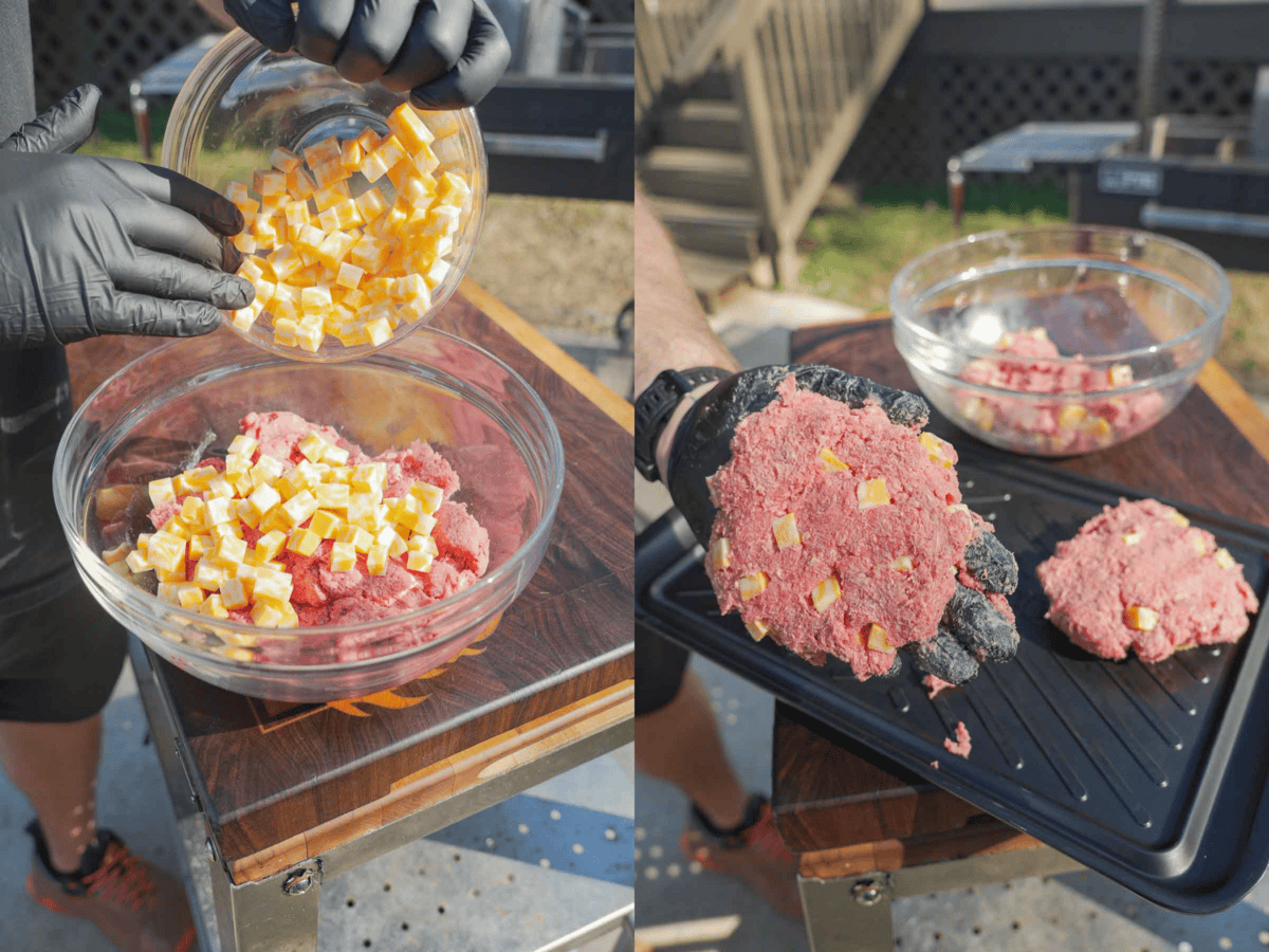 Mixing cubed cheddar cheese into ground beef patties and placing the ground beef patties in a cast iron skillet on the grill