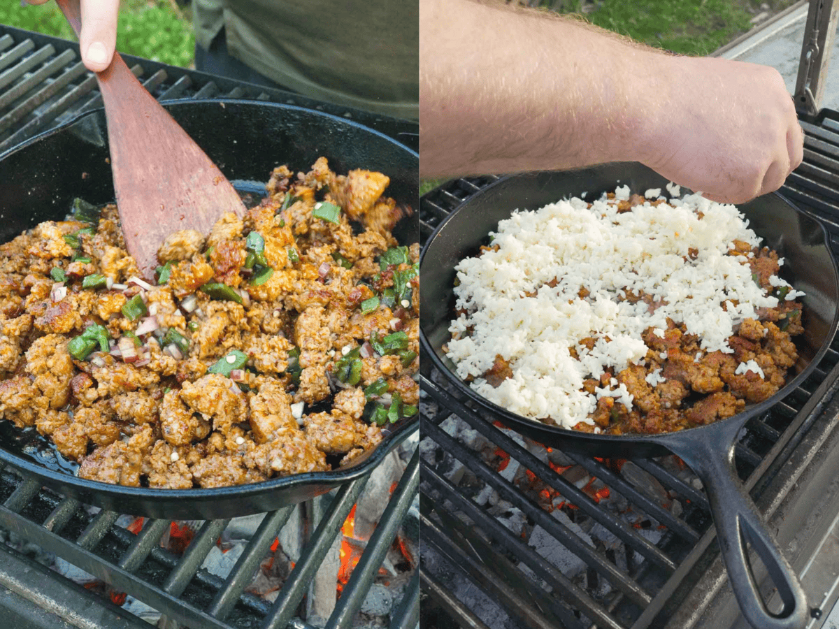Adding shredded Oaxaca cheese and shredded Monterey jack cheese to a cast iron skillet full of chorizo on the grill