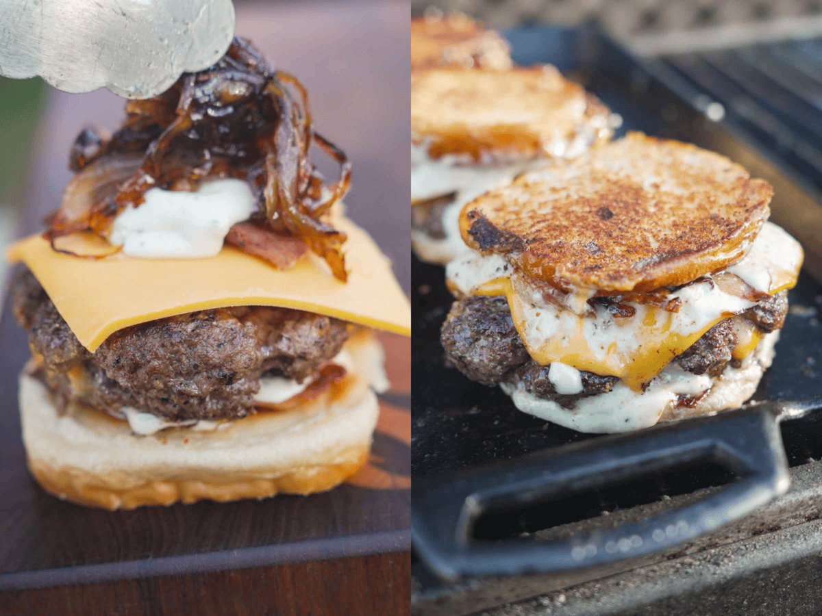 Assembling stuffed patty melts with burger buns, meat patties, a slice of cheese, bacon and garlic aioli