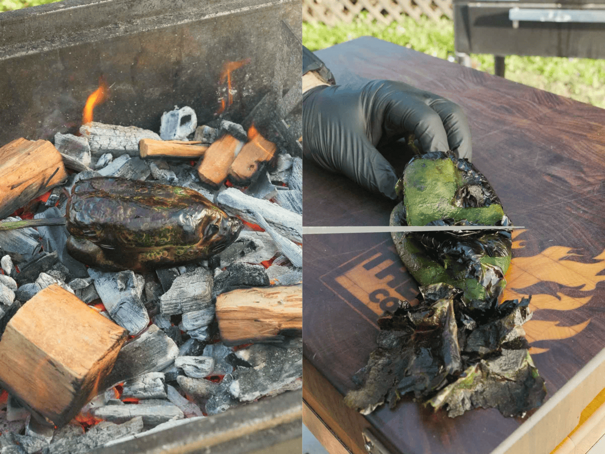 Charring and skinning a poblano pepper with a cutting board and a sharp knife