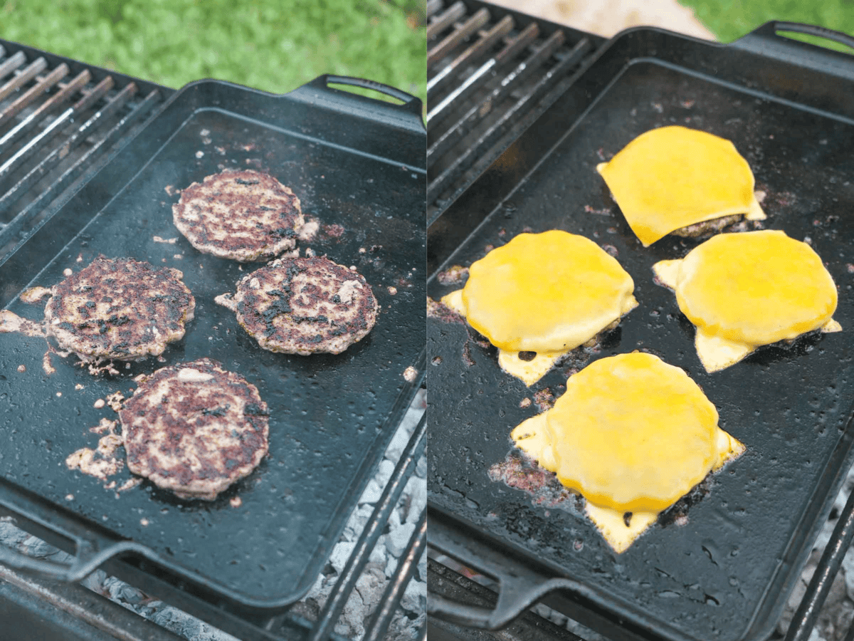 The Omaha Steaks Smashburgers cook on the plancha on the FYR Grill. Cheese is added for that favorite combo.