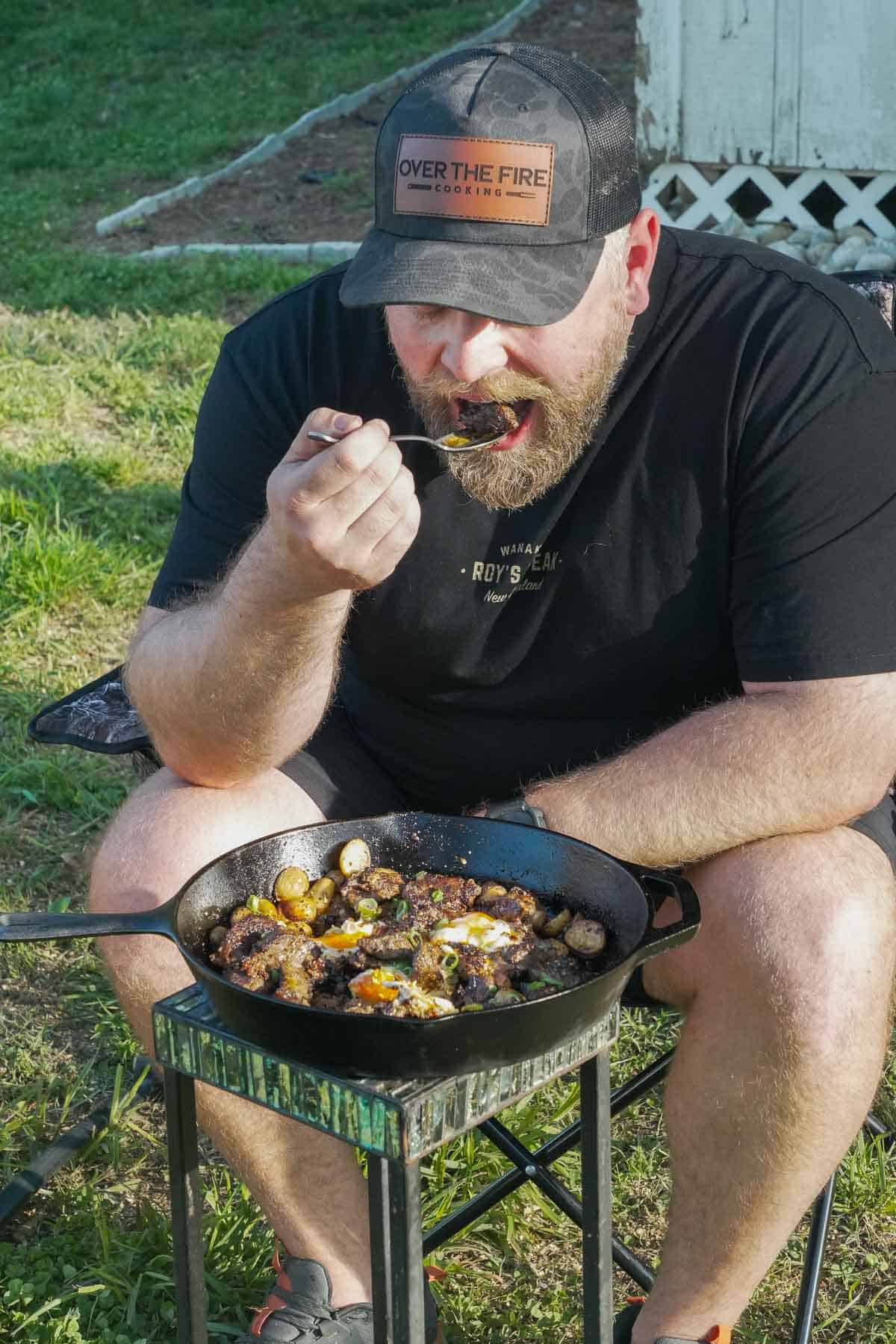 Derek Wolf sits down to enjoy the breakfast skillet with salsa macha, the main star of this show.
