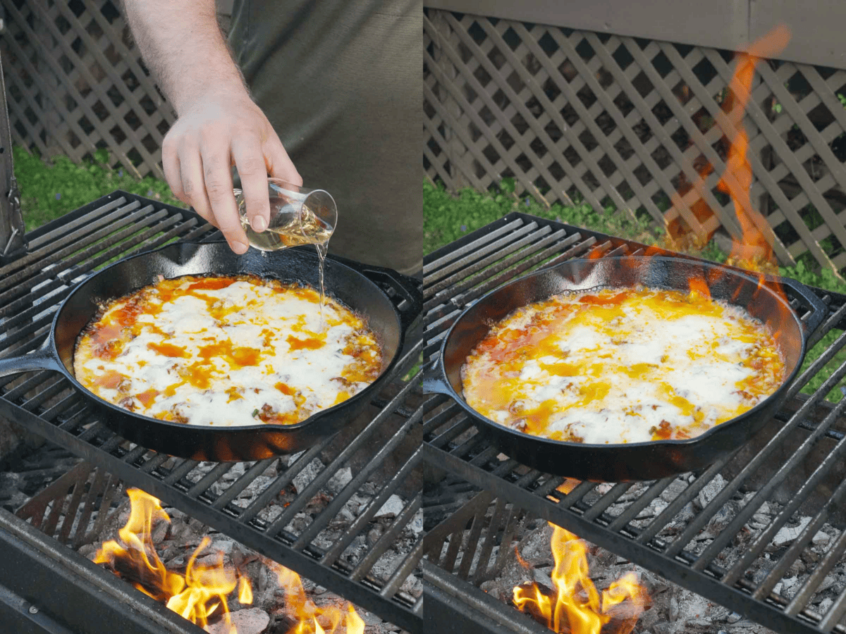 Adding tequila to the queso flameado for a flambe